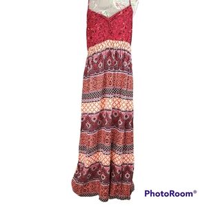FOREVER21+ SIZE 2X SPAGHETTI STRAP DARK RED MULTI-COLOR AZTEC MAXI DRESS